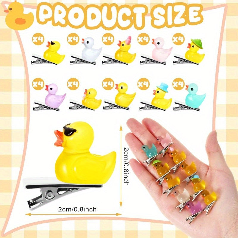 40pcs Mini Resin Duck Hair Clips - 10 Styles Cute Duck Hairpins with Expressions & Poses, Vibrant Colors (Pink, Yellow, Green, Blue, White, Black) - Lightweight Durable Resin & Alloy, Non-Slip Barrette Clips for Parties, Music Festivals, Cosplay, Casual