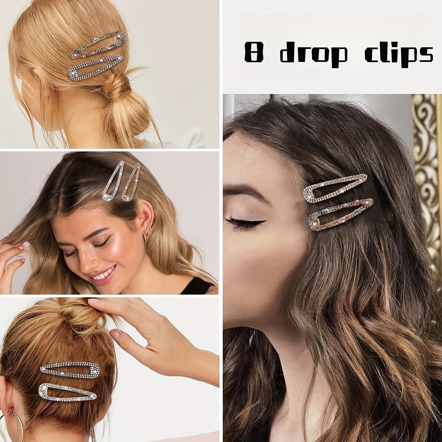 [8pcs Teardrop Hair Clips] 8pcs Hollow Rhinestone Teardrop Hair Clips, 8cm | Women's Elegant Evening Hairstyles, Long Hair and Bangs, Perfect Gift for Ladies