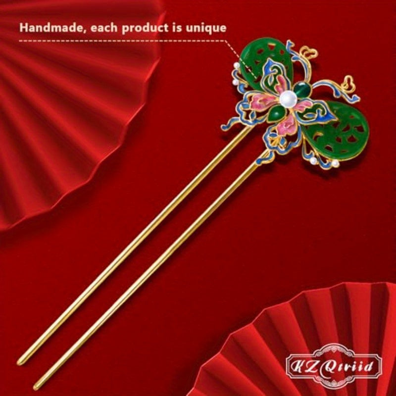 Hair Accessories 14k Gold Plated Copper Vintage Handcrafted Colour Enamels Jade Butterfly UShape Hair Stick And HairClip. Hair Chopsticks for Women, Hair Styling Tools, Bridal Hairpieces, Elegant Hair Clip, Decorative Hairpiece, Handcrafted Jewelry,