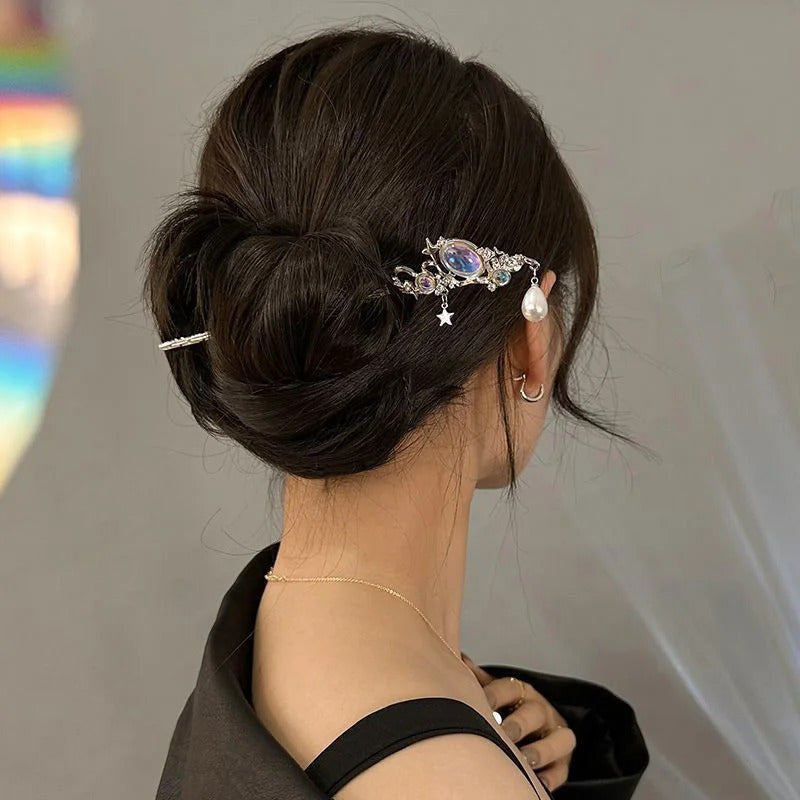 6pcs Chinese Style Hair Sticks with Moonstone & Accents - Floral Embellishments, Secure Grip for Daily & Party Wear, Elegant Hair Accessories for Women, Chinese Hair Accessories, Romantic Style, Intricate Design
