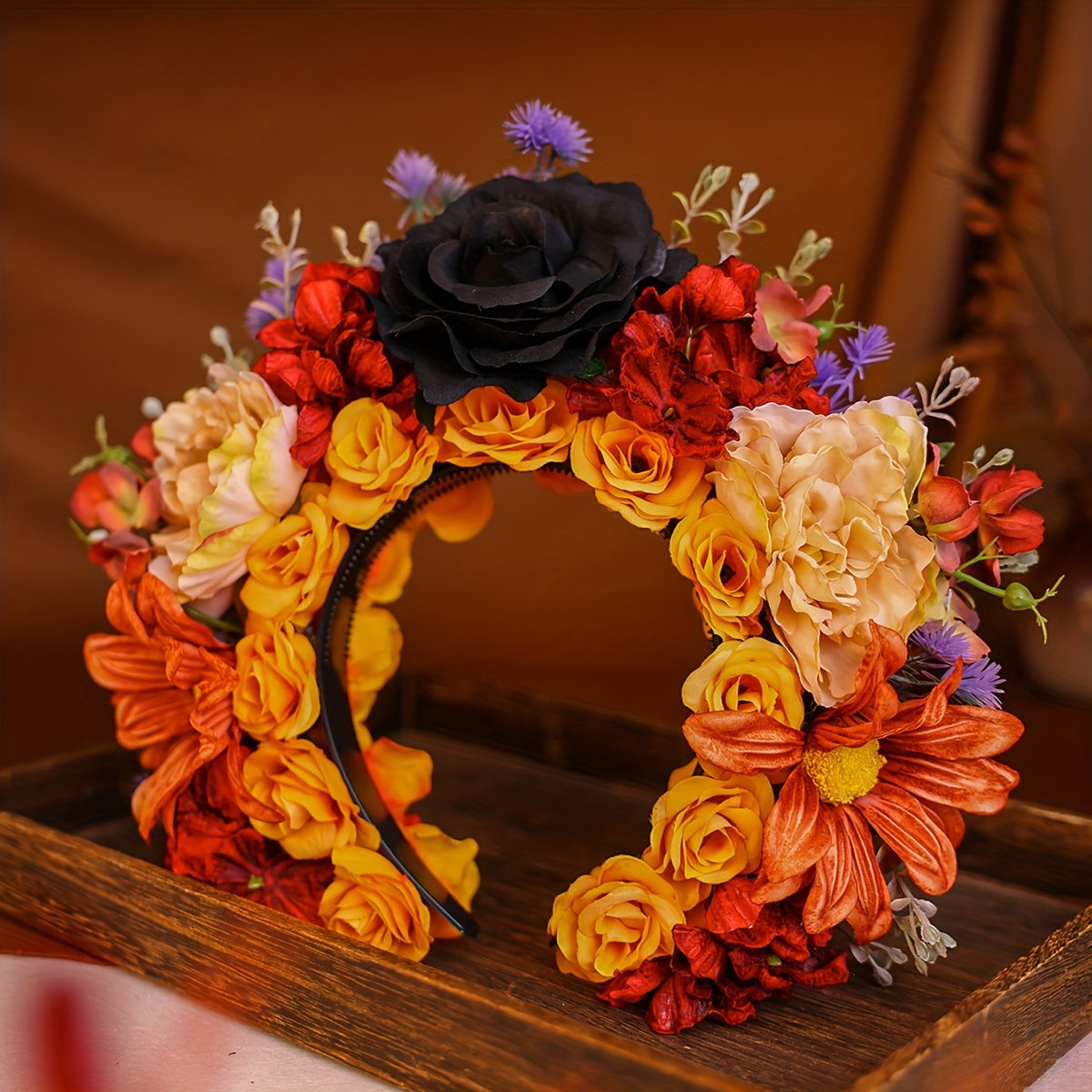 [Golden Artificial Flower Hair Ring] Handmade Golden Black Artificial Flower Hair Ring Women's Hairpin Hair Decoration Headwear Hair Tie Wedding Accessories