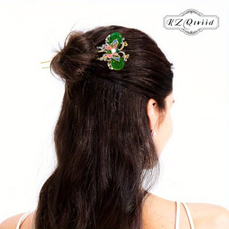 Hair Accessories 14k Gold Plated Copper Vintage Handcrafted Colour Enamels Jade Butterfly UShape Hair Stick And HairClip. Hair Chopsticks for Women, Hair Styling Tools, Bridal Hairpieces, Elegant Hair Clip, Decorative Hairpiece, Handcrafted Jewelry,