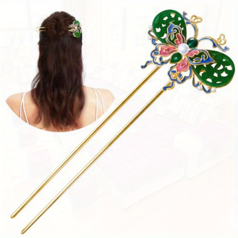 Hair Accessories Copper Vintage Handcrafted Colour Enamels Jade Butterfly UShape Hair Stick And HairClip. Hair Chopsticks for Women, Special Occasion Hairpin, Bridal Hairpiece, Artistic Hair Accessory, Decorative Hair Stick, Enamel Detailing, Jadeinspired