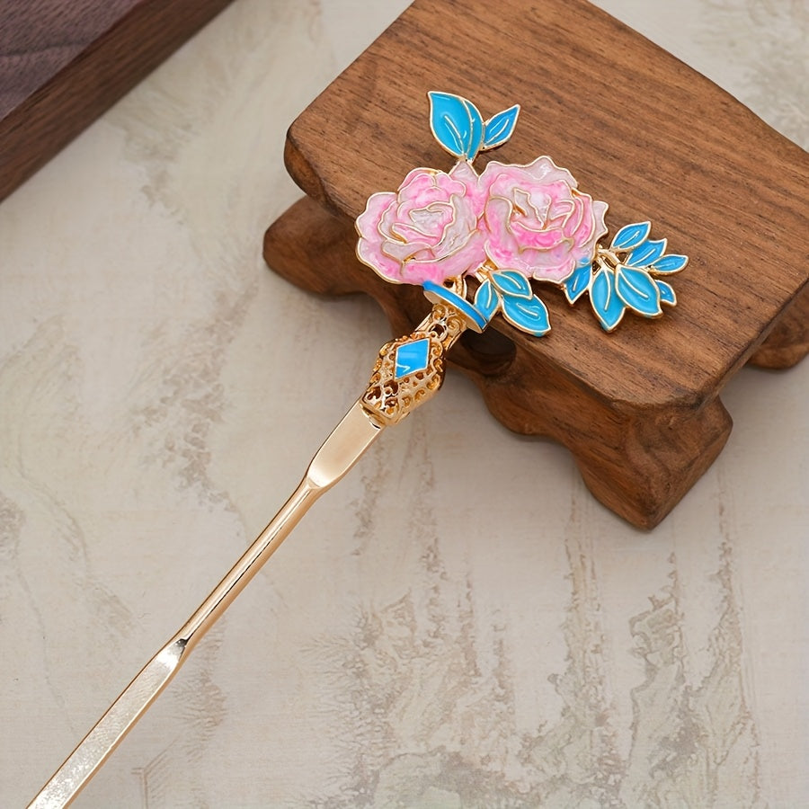 3pcs Chinese-Style Hair Pins with Candy-Colored Floral Design & Golden Accents - Traditional Asian Hair Accessories for Parties, Daily Wear, Back to School