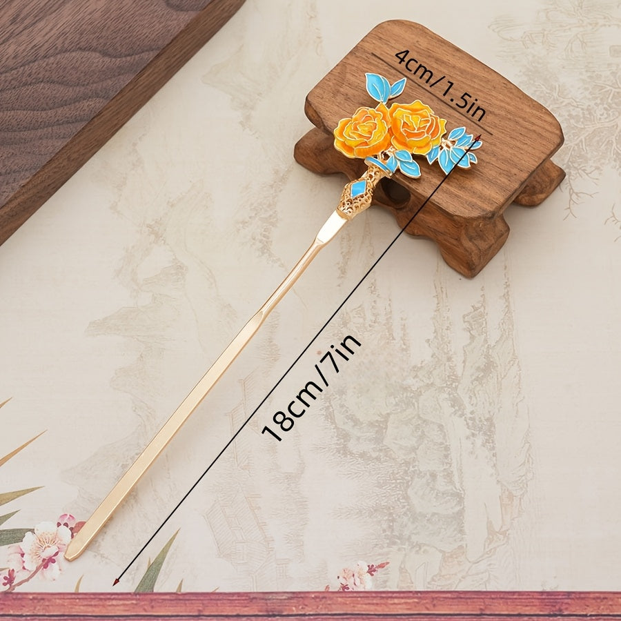 3pcs Chinese-Style Hair Pins with Candy-Colored Floral Design & Golden Accents - Traditional Asian Hair Accessories for Parties, Daily Wear, Back to School