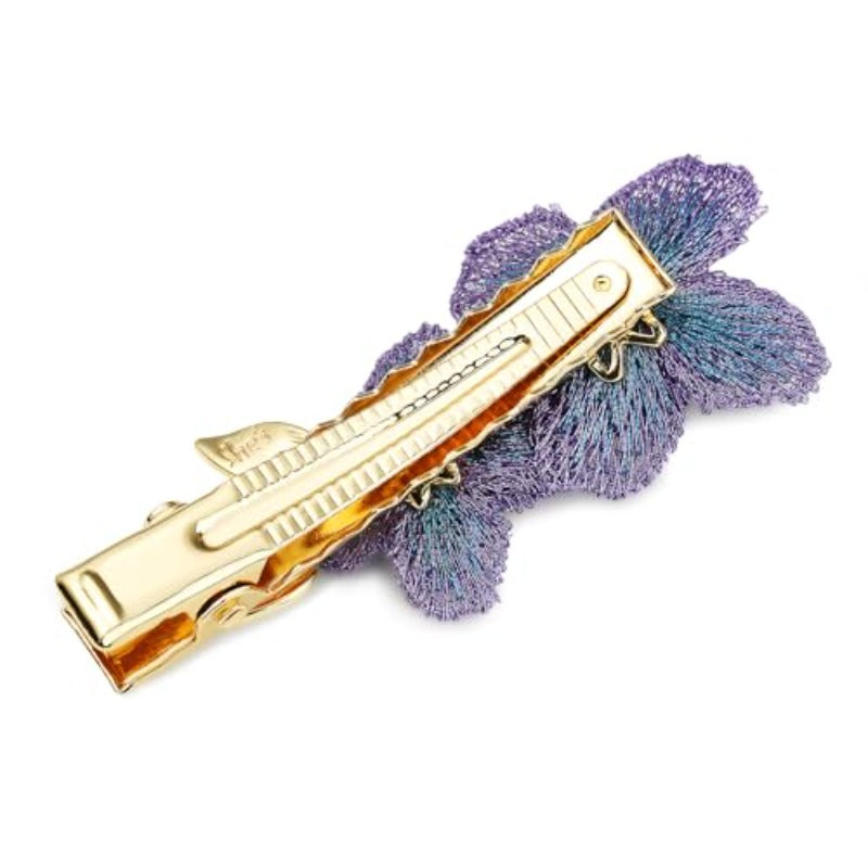 Handmade Vintage Floral Hair Clip for Women - Double Forget-Me-Not Flower Embroidery with Golden & Purple Gradient, Large Statement Hairpin, Secure Claw Clip Mechanism, Elegant Gift Box Included (Ideal for Everyday & Special Occasions) - Durable &