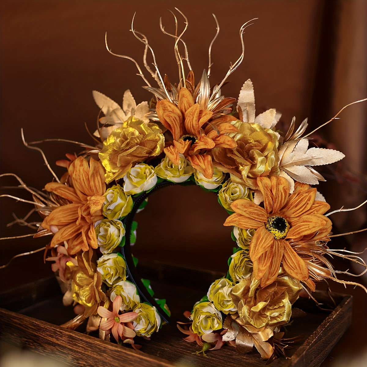 [Golden Artificial Flower Hair Ring] Handmade Golden Black Artificial Flower Hair Ring Women's Hairpin Hair Decoration Headwear Hair Tie Wedding Accessories