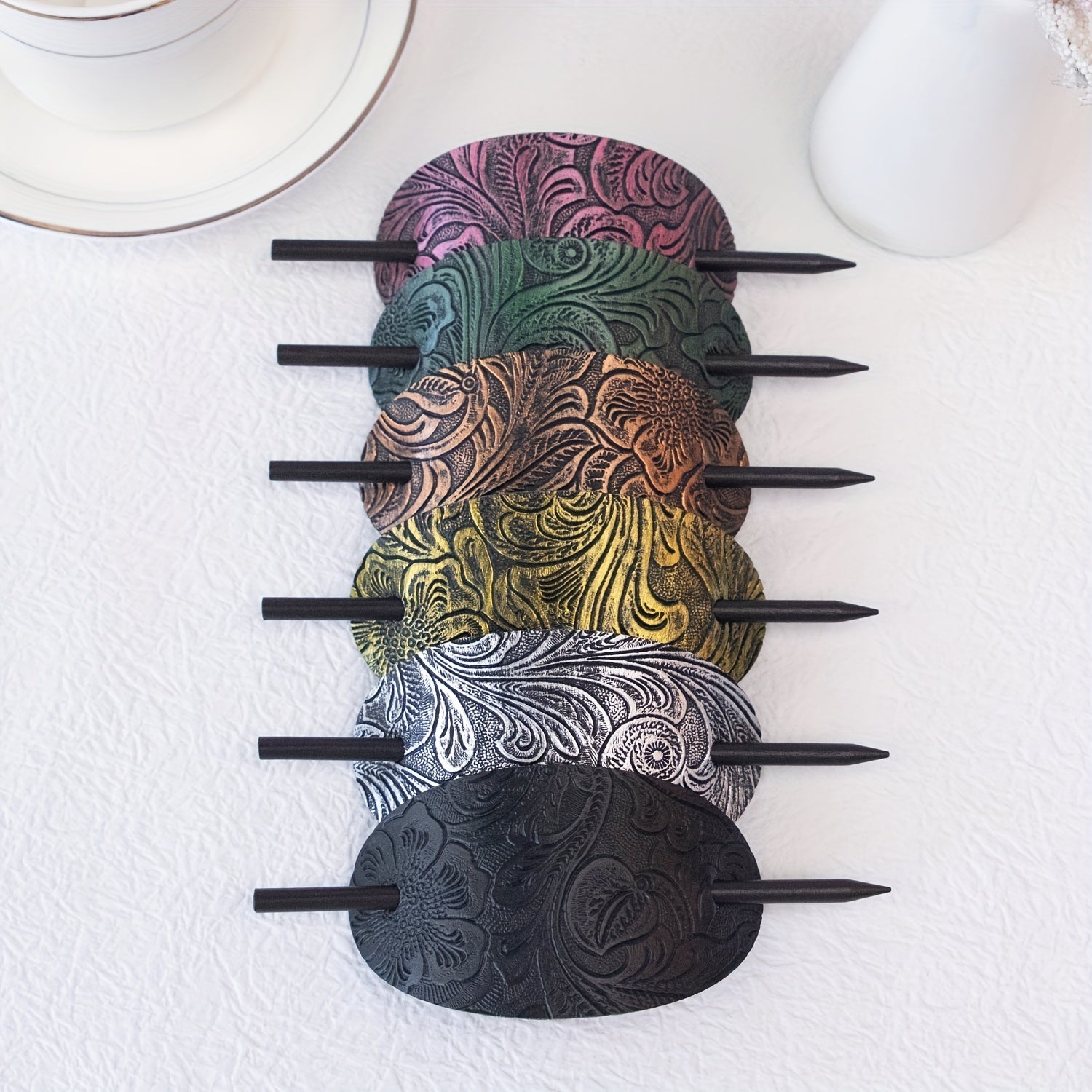 Vintage Style Faux Leather Hair Clips for Women - Elegant Oval Hairpins with Intricate Patterns, Perfect for Weddings & Bridal Showers, Hair Accessories