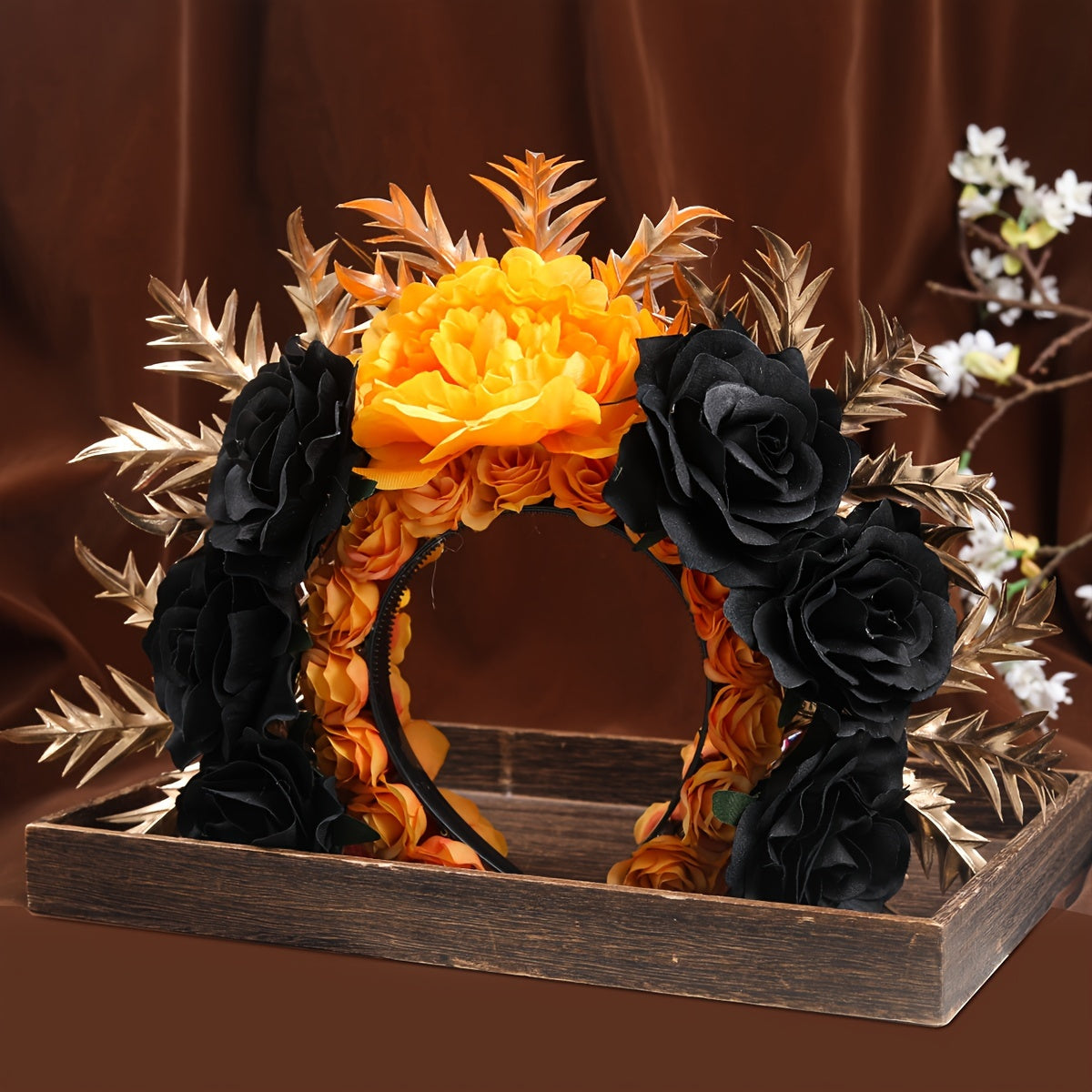 [Golden Artificial Flower Hair Ring] Handmade Golden Black Artificial Flower Hair Ring Women's Hairpin Hair Decoration Headwear Hair Tie Wedding Accessories