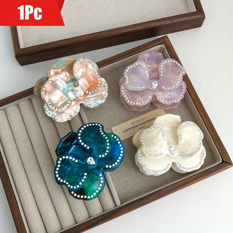 1pc Bohemian Floral Rhinestone Hair Clip - Acetate Marble Glitter Hairpin with Sparkling Flower Design, Medium Size Hair Accessories for Women, Beach Travel Party, Valentine's Gift (Bright Pink/Teal Green/Orange-Red/), Cute Hair Accessories, Luxury