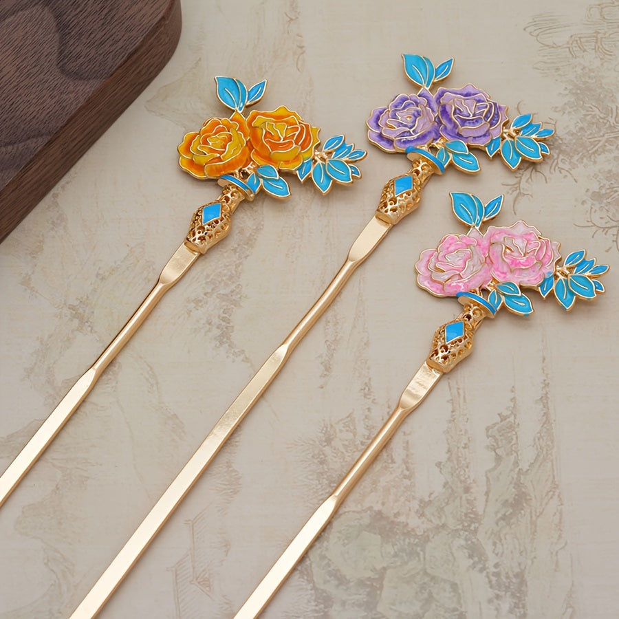 3pcs Chinese-Style Hair Pins with Candy-Colored Floral Design & Golden Accents - Traditional Asian Hair Accessories for Parties, Daily Wear, Back to School