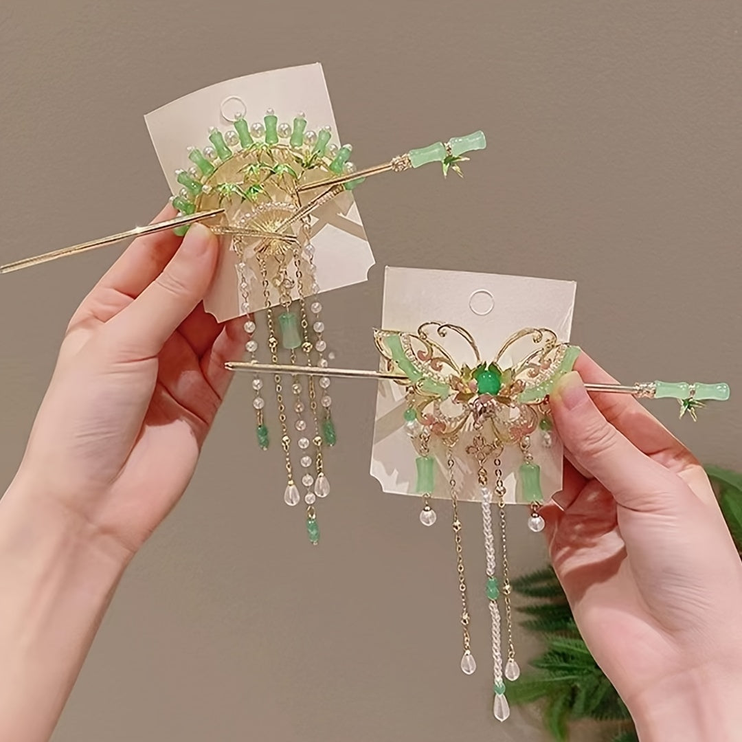 1pc Traditional Chinese Butterfly Hairpin for Women, Elegant Metal Hair Stick with Dangling Chains and Beads, Fashionable Hair Accessory for Festive Occasions