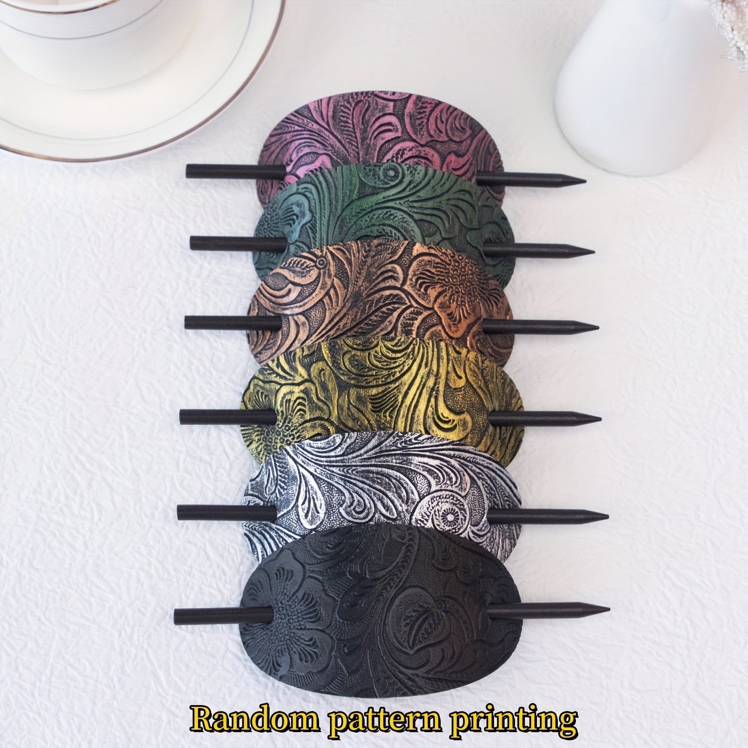 Vintage Style Faux Leather Hair Clips for Women - Elegant Oval Hairpins with Intricate Patterns, Perfect for Weddings & Bridal Showers, Hair Accessories