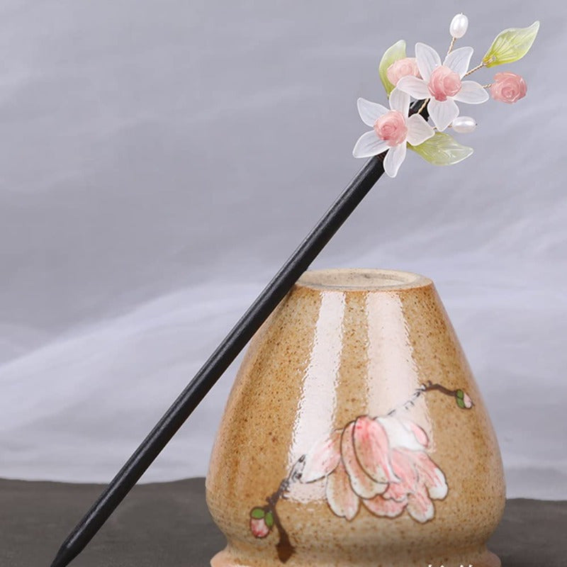 2pcs Handmade Chinese Style Hair Sticks with Floral Tassels - 8.26" Retro Elegant Hairpins for Women's Long Hair, Wedding & Everyday Hair Accessories, Non-Slip Durable Wood & Plastic, Pink/White Flower Decor with Green Leaves, Gift Box Included