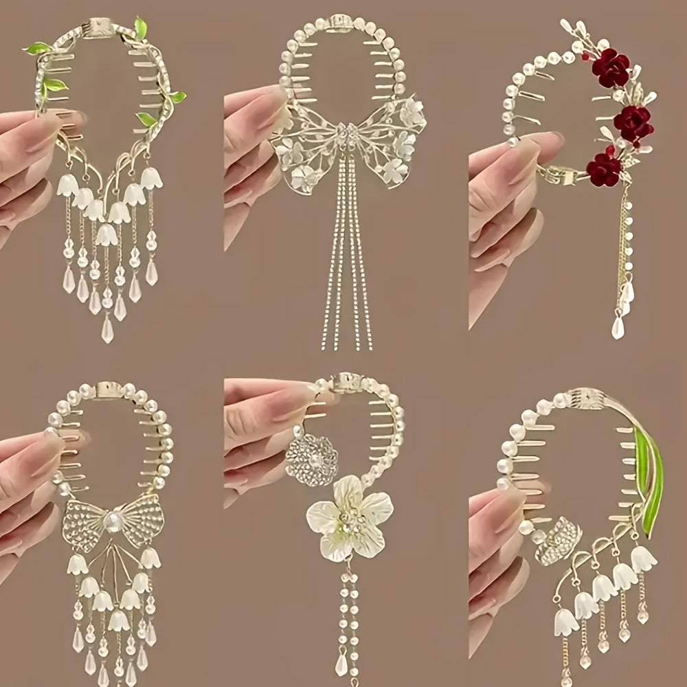 6pcs Elegant Golden Lily and Bow Tassel Hair Clips - Fashion Alloy Hair Clips, Perfect Gift for Ladies and Girls, Retro Style, Photo Props, Casual Leisure Occasions