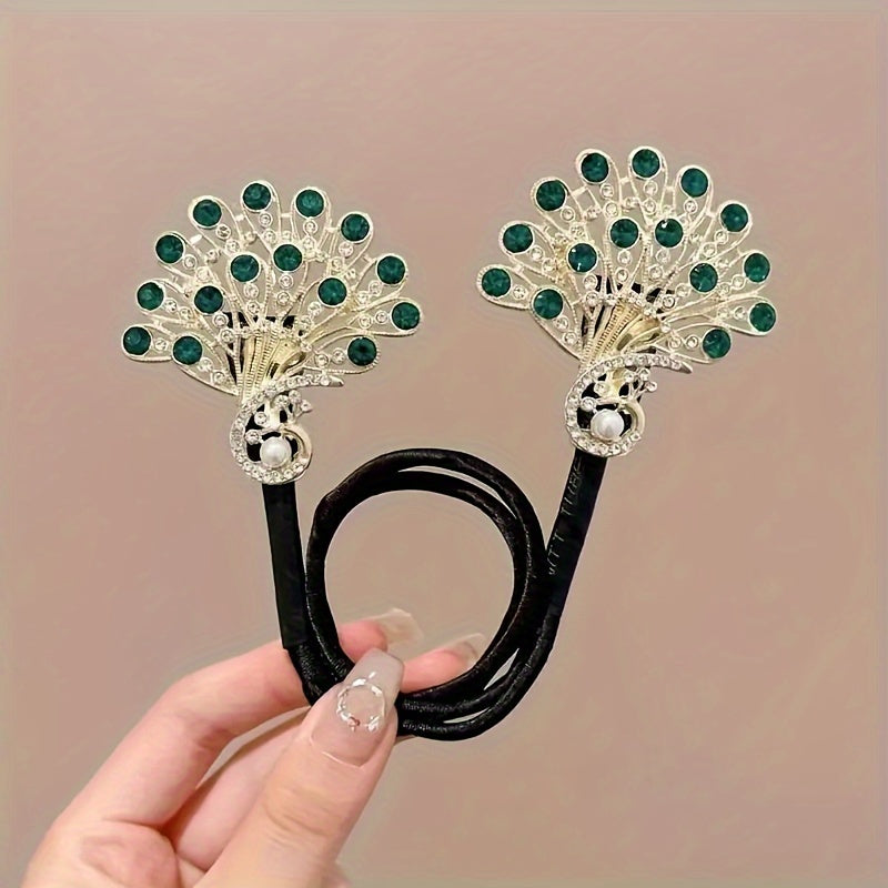 [2pcs Elegant Peacock Hairpin] 2pcs Elegant Rhinestone Accented Peacock Hairpin Set | DIY French Updo Clip, Alloy, Battery-Free, Stylish Women's Hairstyle Accessory for Parties, Weddings, or Daily Use, Updo Hair Decor | Intricate Design