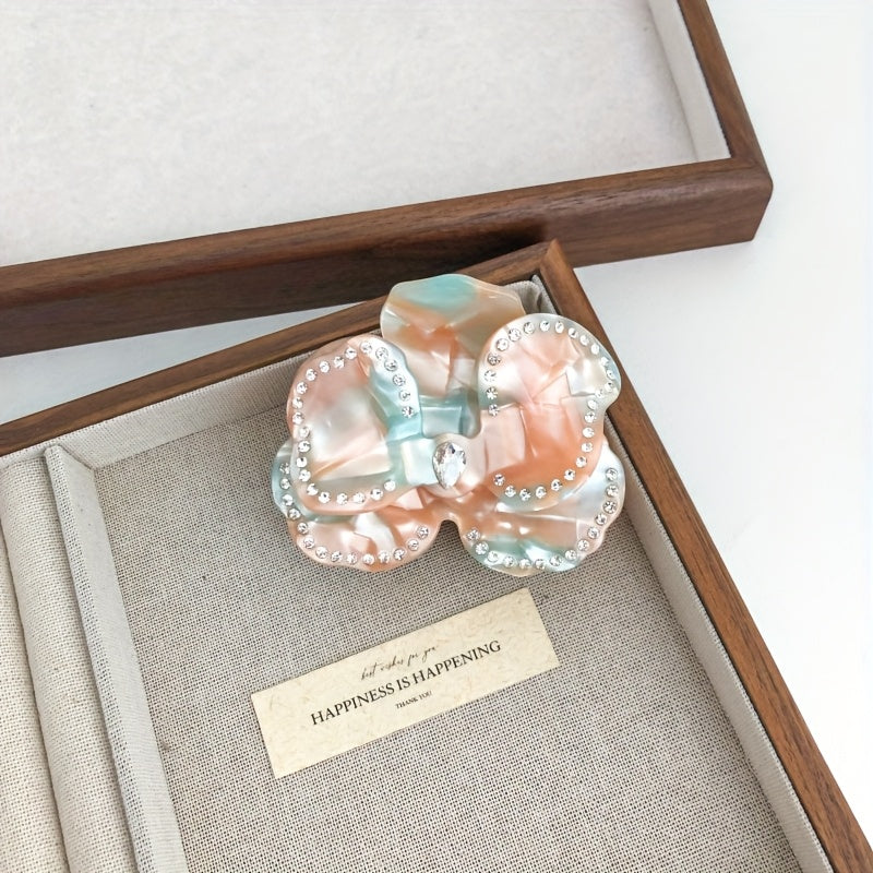 1pc Bohemian Floral Rhinestone Hair Clip - Acetate Marble Glitter Hairpin with Sparkling Flower Design, Medium Size Hair Accessories for Women, Beach Travel Party, Valentine's Gift (Bright Pink/Teal Green/Orange-Red/), Cute Hair Accessories, Luxury