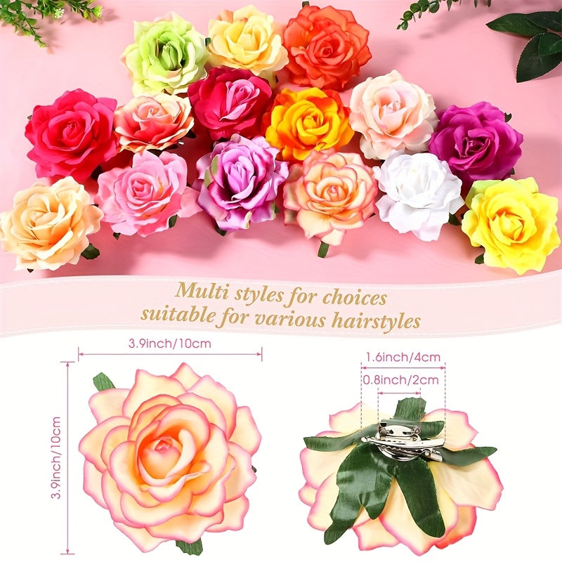 16pcs Elegant 4inch Rose Flower Hair Clips Hairpins Floral Brooches Pin Boho Hair Clip Rose Hair Accessories for Women s Lady Bridal
