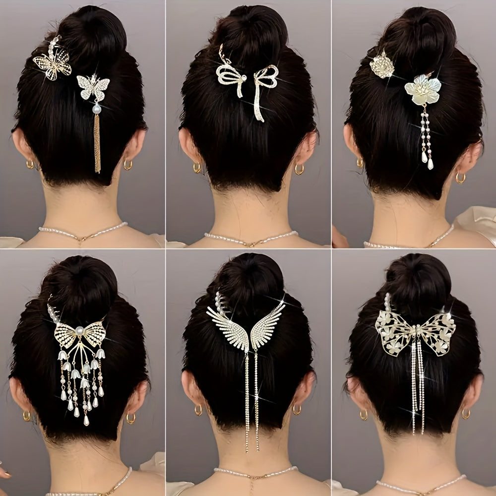 6pcs Elegant Golden Lily and Bow Tassel Hair Clips - Fashion Alloy Hair Clips, Perfect Gift for Ladies and Girls, Retro Style, Photo Props, Casual Leisure Occasions