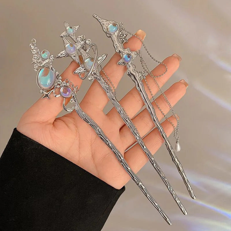 6pcs Chinese Style Hair Sticks with Moonstone & Accents - Floral Embellishments, Secure Grip for Daily & Party Wear, Elegant Hair Accessories for Women, Chinese Hair Accessories, Romantic Style, Intricate Design