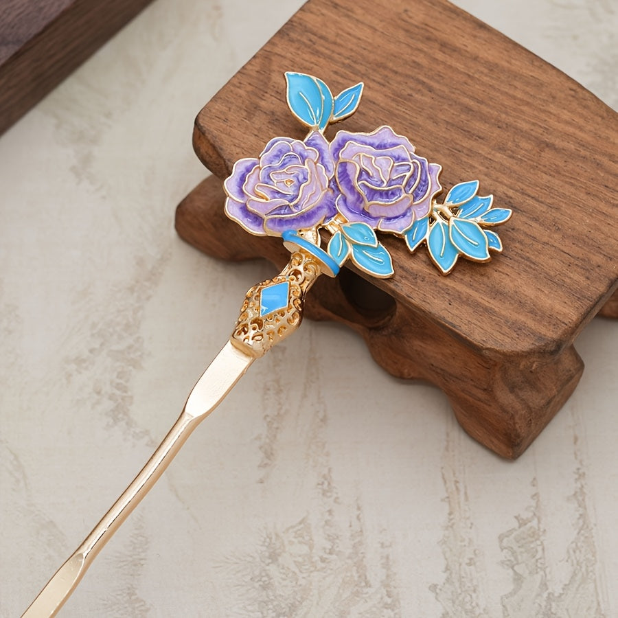 3pcs Chinese-Style Hair Pins with Candy-Colored Floral Design & Golden Accents - Traditional Asian Hair Accessories for Parties, Daily Wear, Back to School