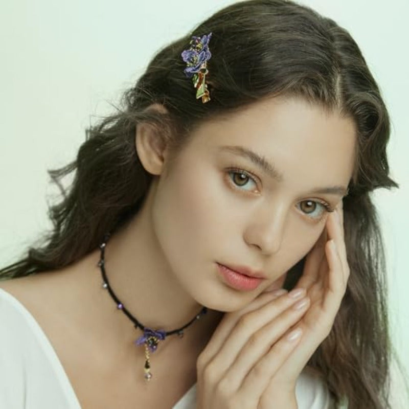 Handmade Vintage Floral Hair Clip for Women - Double Forget-Me-Not Flower Embroidery with Golden & Purple Gradient, Large Statement Hairpin, Secure Claw Clip Mechanism, Elegant Gift Box Included (Ideal for Everyday & Special Occasions) - Durable &