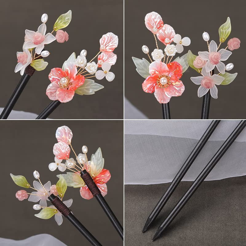 2pcs Handmade Chinese Style Hair Sticks with Floral Tassels - 8.26" Retro Elegant Hairpins for Women's Long Hair, Wedding & Everyday Hair Accessories, Non-Slip Durable Wood & Plastic, Pink/White Flower Decor with Green Leaves, Gift Box Included