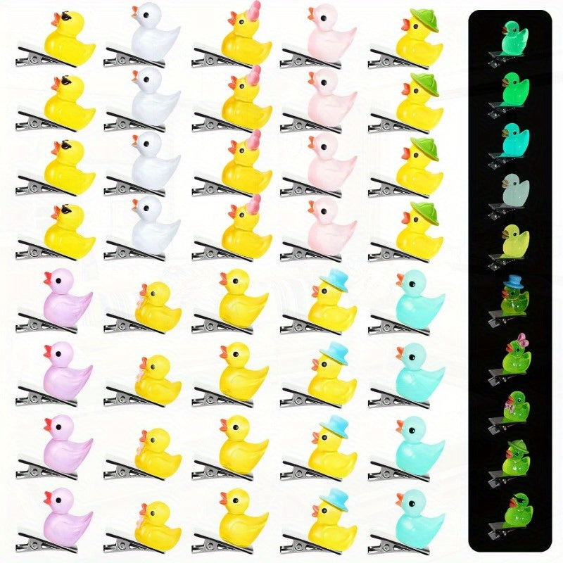 40pcs Mini Resin Duck Hair Clips - 10 Styles Cute Duck Hairpins with Expressions & Poses, Vibrant Colors (Pink, Yellow, Green, Blue, White, Black) - Lightweight Durable Resin & Alloy, Non-Slip Barrette Clips for Parties, Music Festivals, Cosplay, Casual