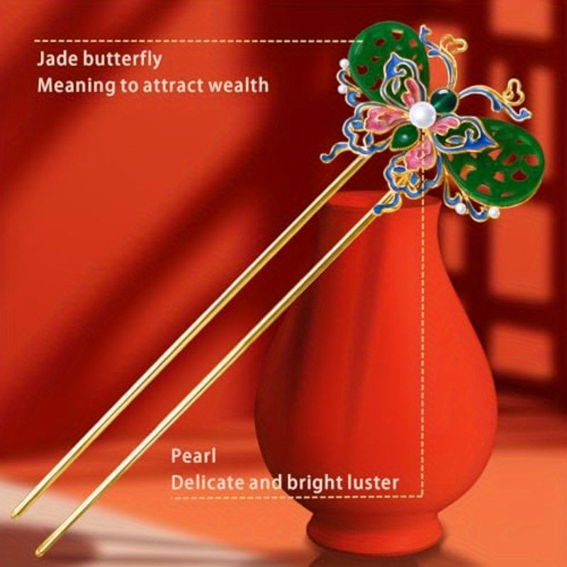 Hair Accessories Copper Vintage Handcrafted Colour Enamels Jade Butterfly UShape Hair Stick And HairClip. Hair Chopsticks for Women, Special Occasion Hairpin, Bridal Hairpiece, Artistic Hair Accessory, Decorative Hair Stick, Enamel Detailing, Jadeinspired