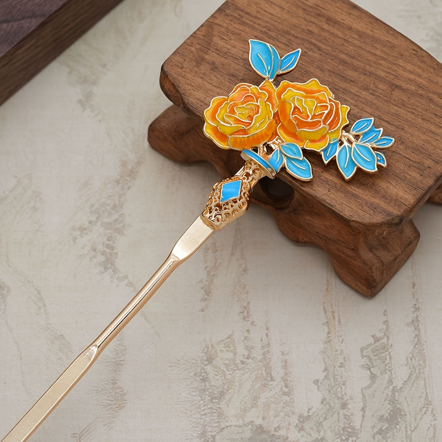 3pcs Chinese-Style Hair Pins with Candy-Colored Floral Design & Golden Accents - Traditional Asian Hair Accessories for Parties, Daily Wear, Back to School