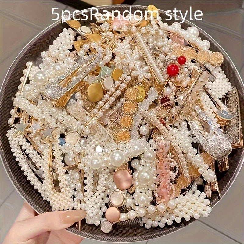 5pcs (48 random styles) side-parted Korean hairpins, hairpins, bangs clips, back of the head straight clips, cute multi-style hairpins, elegant bow hairpin sets, suitable for Women's daily use Halloween daily gifts