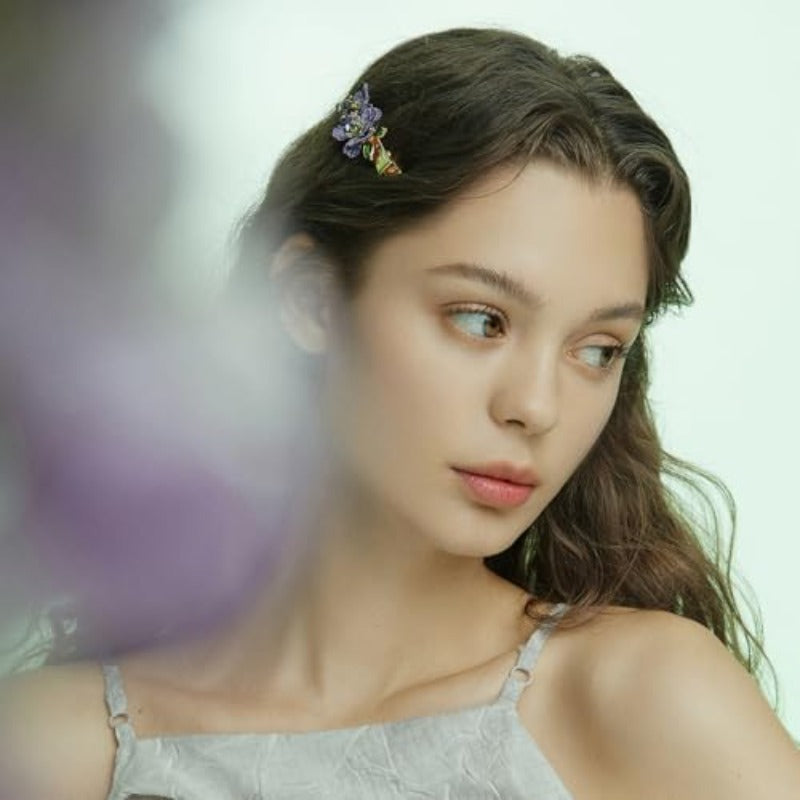 Handmade Vintage Floral Hair Clip for Women - Double Forget-Me-Not Flower Embroidery with Golden & Purple Gradient, Large Statement Hairpin, Secure Claw Clip Mechanism, Elegant Gift Box Included (Ideal for Everyday & Special Occasions) - Durable &