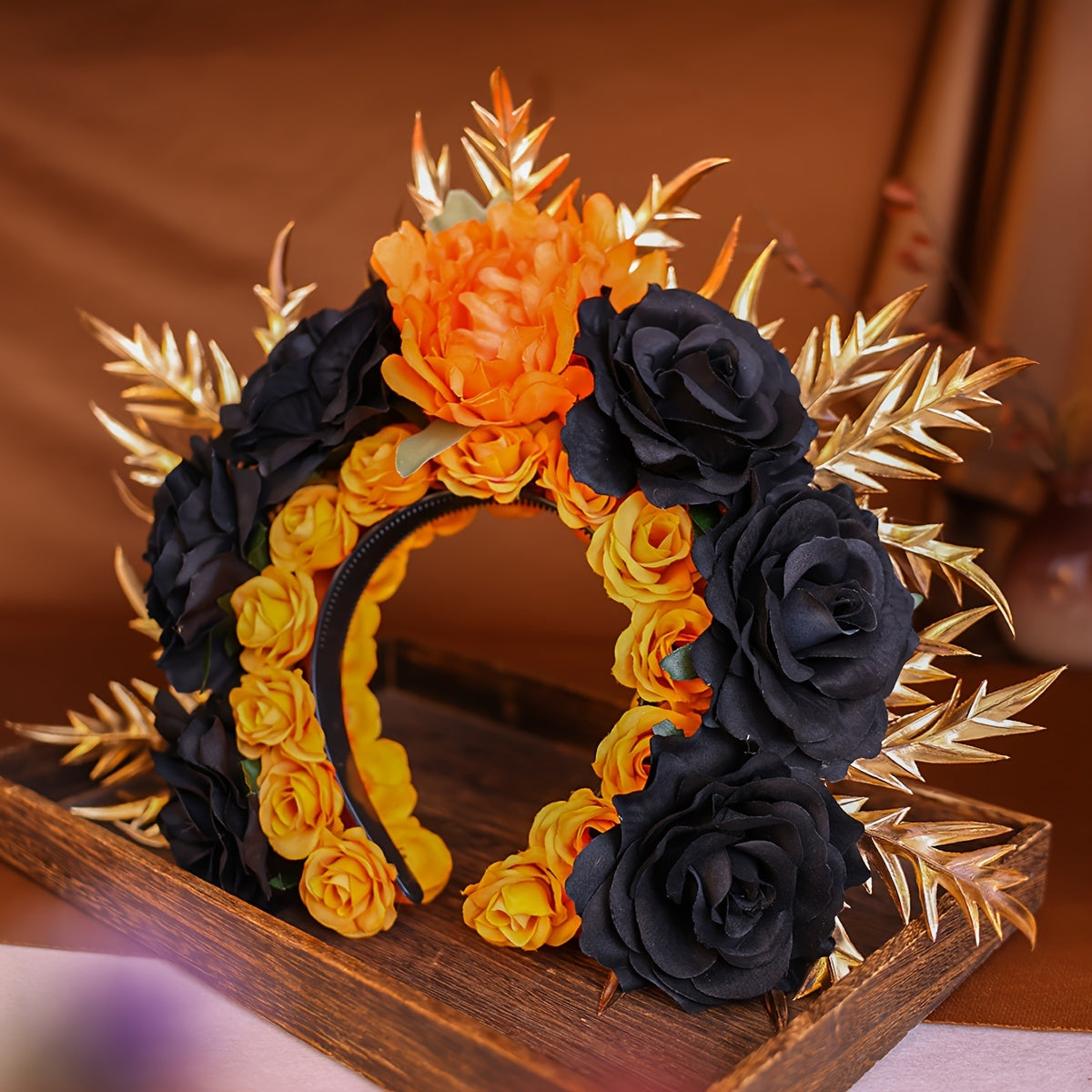 [Golden Artificial Flower Hair Ring] Handmade Golden Black Artificial Flower Hair Ring Women's Hairpin Hair Decoration Headwear Hair Tie Wedding Accessories