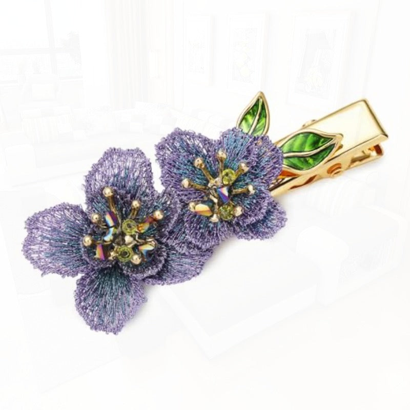 Handmade Vintage Floral Hair Clip for Women - Double Forget-Me-Not Flower Embroidery with Golden & Purple Gradient, Large Statement Hairpin, Secure Claw Clip Mechanism, Elegant Gift Box Included (Ideal for Everyday & Special Occasions) - Durable &