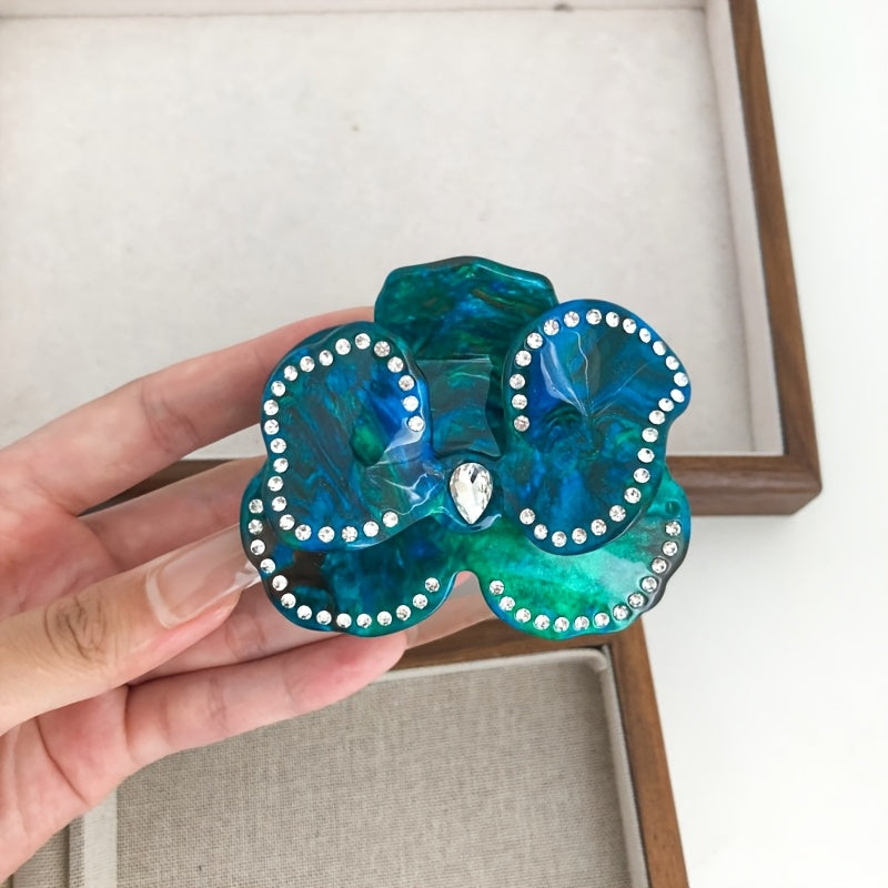 1pc Bohemian Floral Rhinestone Hair Clip - Acetate Marble Glitter Hairpin with Sparkling Flower Design, Medium Size Hair Accessories for Women, Beach Travel Party, Valentine's Gift (Bright Pink/Teal Green/Orange-Red/), Cute Hair Accessories, Luxury