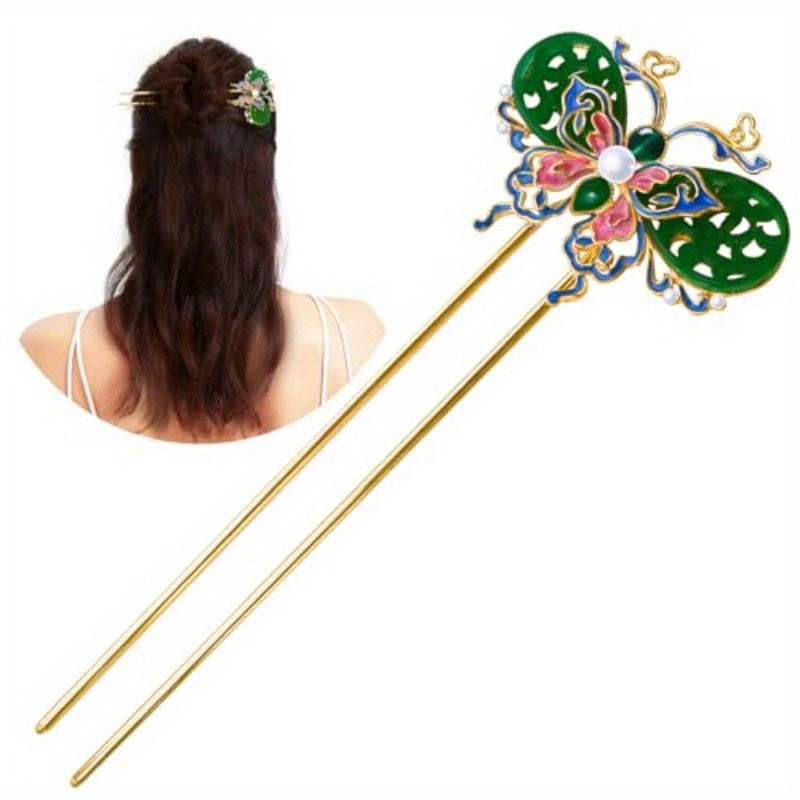 Hair Accessories 14k Gold Plated Copper Vintage Handcrafted Colour Enamels Jade Butterfly UShape Hair Stick And HairClip. Hair Chopsticks for Women, Hair Styling Tools, Bridal Hairpieces, Elegant Hair Clip, Decorative Hairpiece, Handcrafted Jewelry,