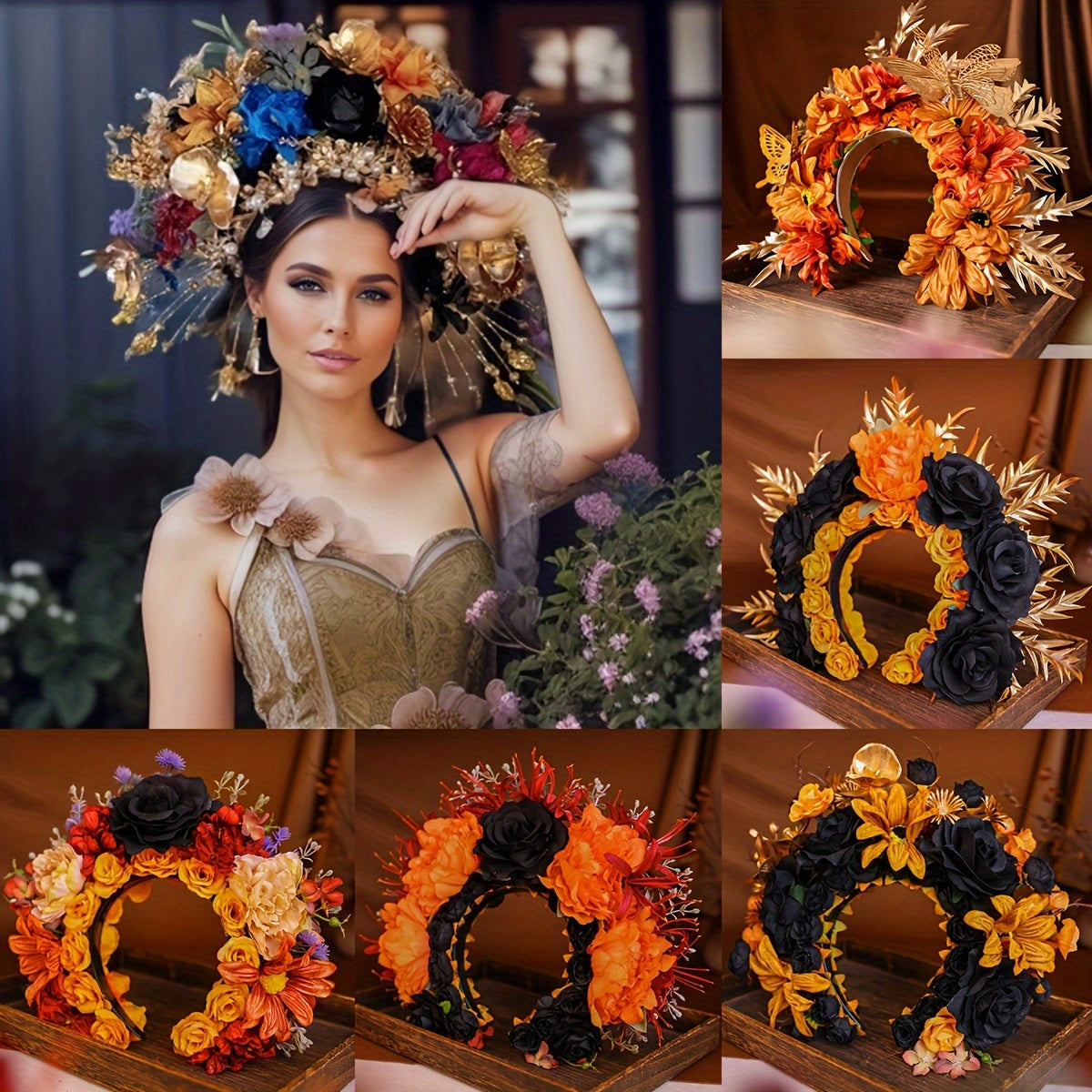 [Golden Artificial Flower Hair Ring] Handmade Golden Black Artificial Flower Hair Ring Women's Hairpin Hair Decoration Headwear Hair Tie Wedding Accessories