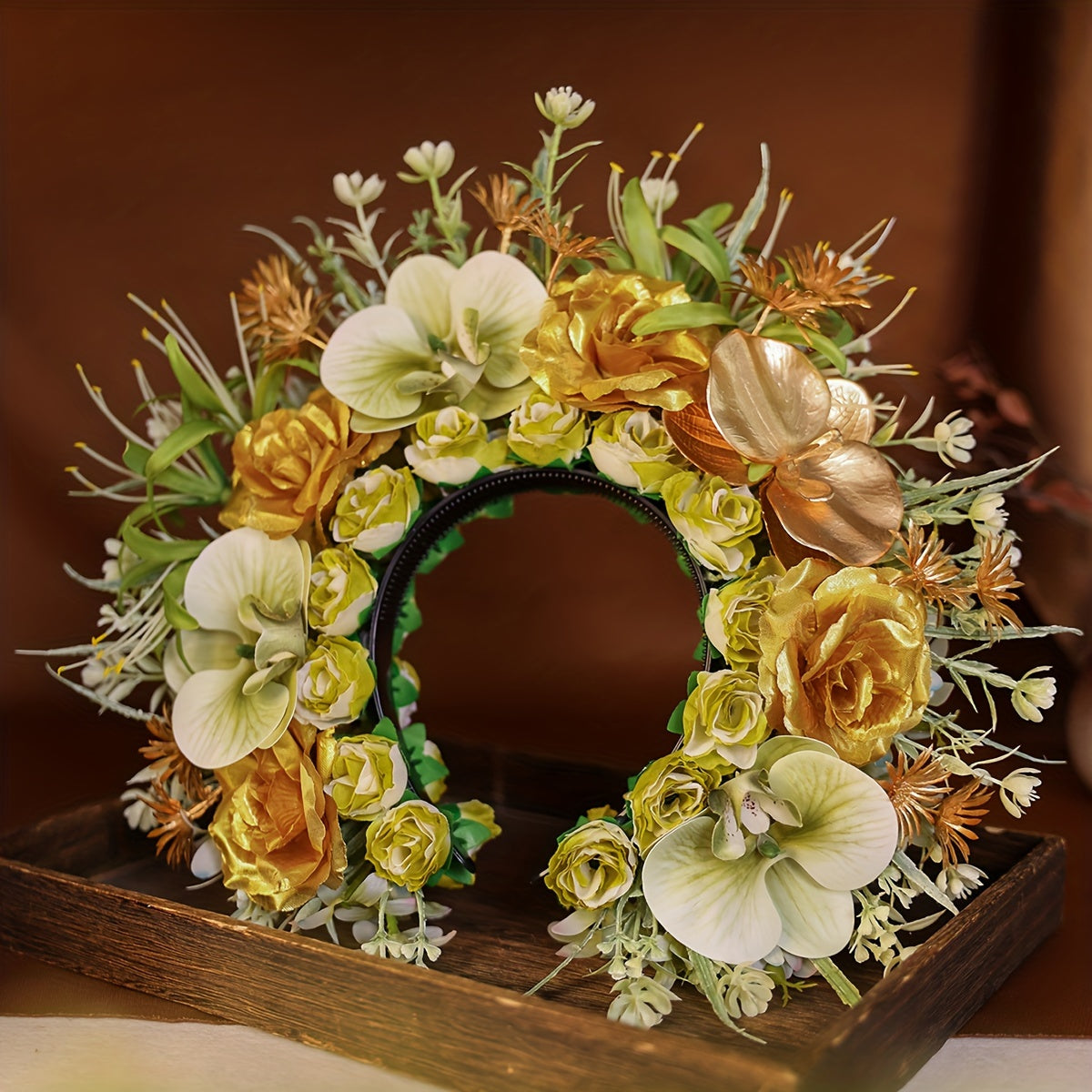 [Golden Artificial Flower Hair Ring] Handmade Golden Black Artificial Flower Hair Ring Women's Hairpin Hair Decoration Headwear Hair Tie Wedding Accessories