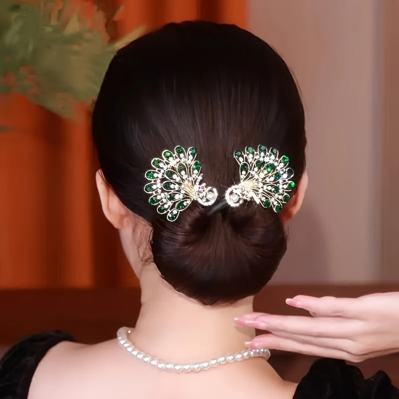 [2pcs Elegant Peacock Hairpin] 2pcs Elegant Rhinestone Accented Peacock Hairpin Set | DIY French Updo Clip, Alloy, Battery-Free, Stylish Women's Hairstyle Accessory for Parties, Weddings, or Daily Use, Updo Hair Decor | Intricate Design