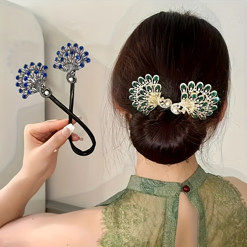 [2pcs Elegant Peacock Hairpin] 2pcs Elegant Rhinestone Accented Peacock Hairpin Set | DIY French Updo Clip, Alloy, Battery-Free, Stylish Women's Hairstyle Accessory for Parties, Weddings, or Daily Use, Updo Hair Decor | Intricate Design