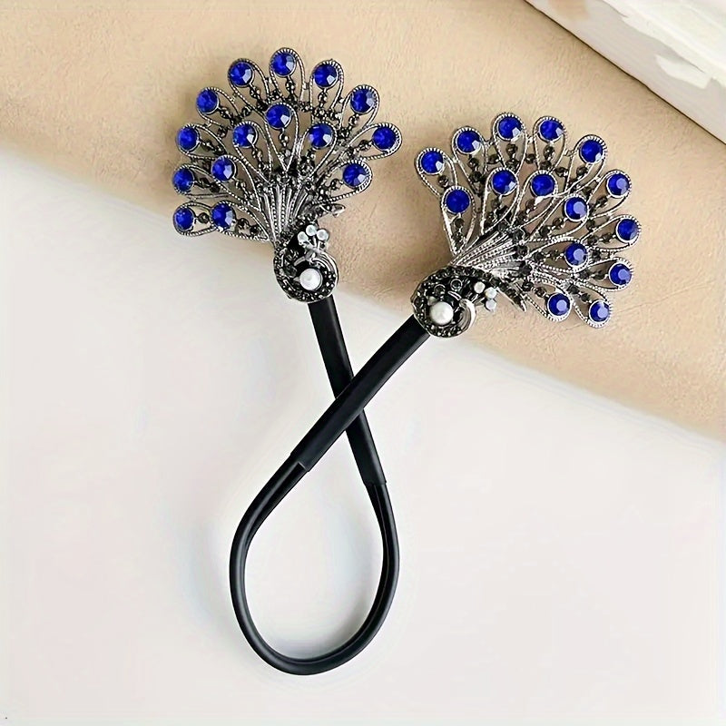 [2pcs Elegant Peacock Hairpin] 2pcs Elegant Rhinestone Accented Peacock Hairpin Set | DIY French Updo Clip, Alloy, Battery-Free, Stylish Women's Hairstyle Accessory for Parties, Weddings, or Daily Use, Updo Hair Decor | Intricate Design