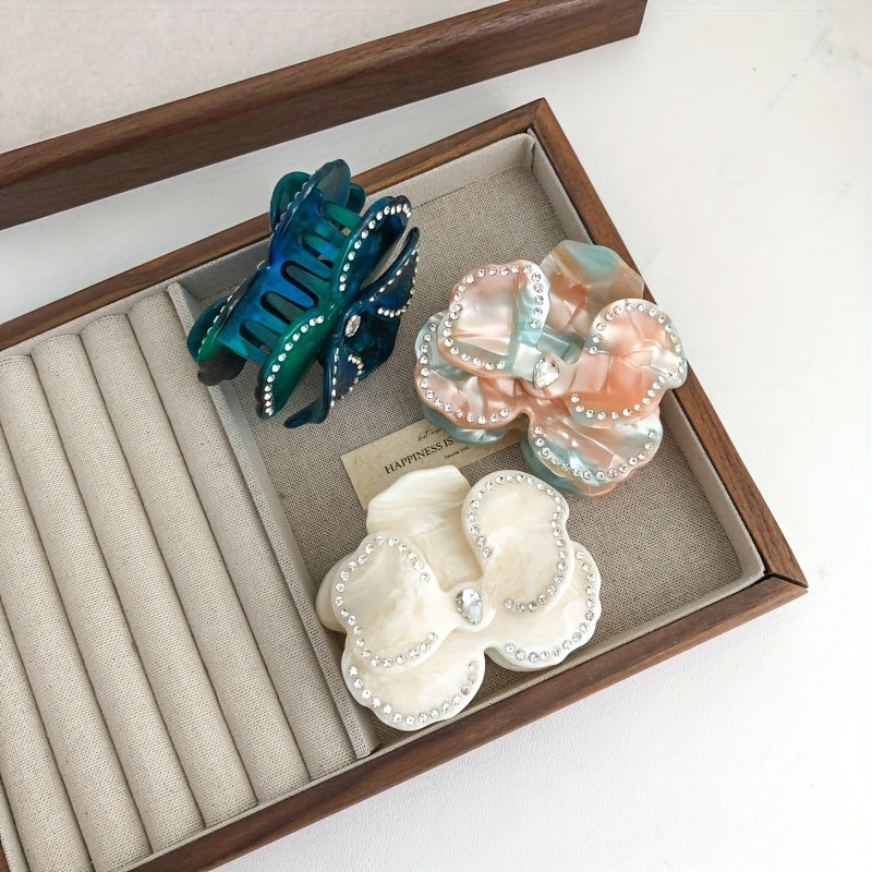 1pc Bohemian Floral Rhinestone Hair Clip - Acetate Marble Glitter Hairpin with Sparkling Flower Design, Medium Size Hair Accessories for Women, Beach Travel Party, Valentine's Gift (Bright Pink/Teal Green/Orange-Red/), Cute Hair Accessories, Luxury