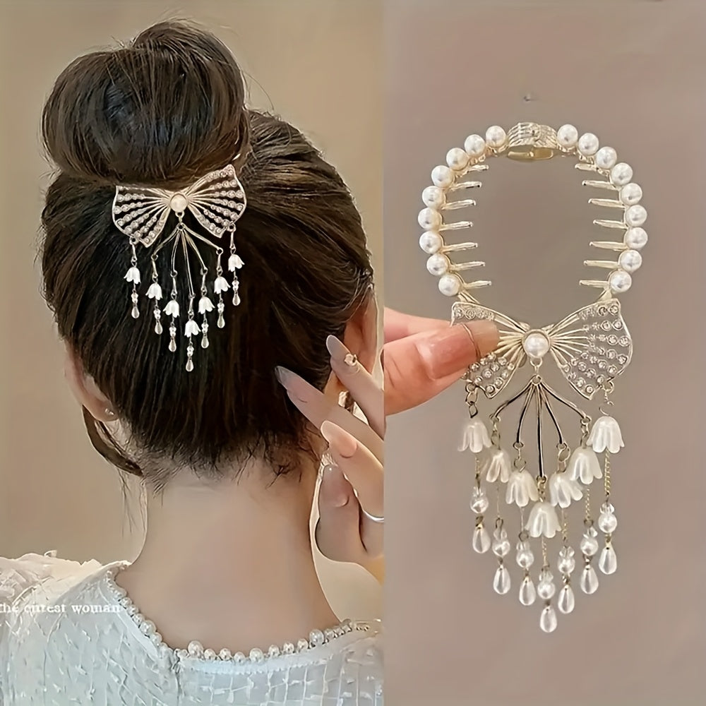 6pcs Elegant Golden Lily and Bow Tassel Hair Clips - Fashion Alloy Hair Clips, Perfect Gift for Ladies and Girls, Retro Style, Photo Props, Casual Leisure Occasions