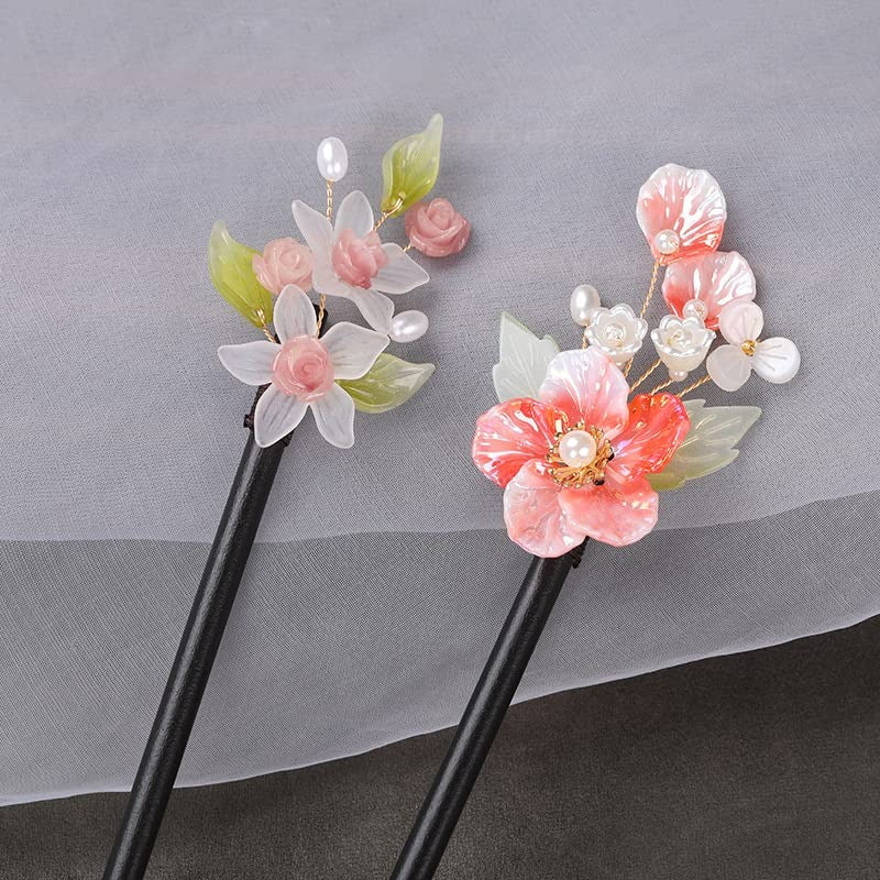 2pcs Handmade Chinese Style Hair Sticks with Floral Tassels - 8.26" Retro Elegant Hairpins for Women's Long Hair, Wedding & Everyday Hair Accessories, Non-Slip Durable Wood & Plastic, Pink/White Flower Decor with Green Leaves, Gift Box Included