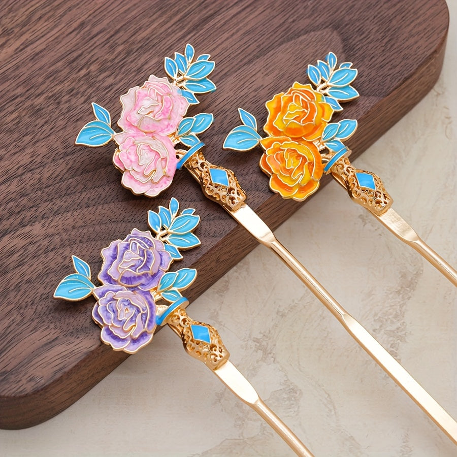 3pcs Chinese-Style Hair Pins with Candy-Colored Floral Design & Golden Accents - Traditional Asian Hair Accessories for Parties, Daily Wear, Back to School