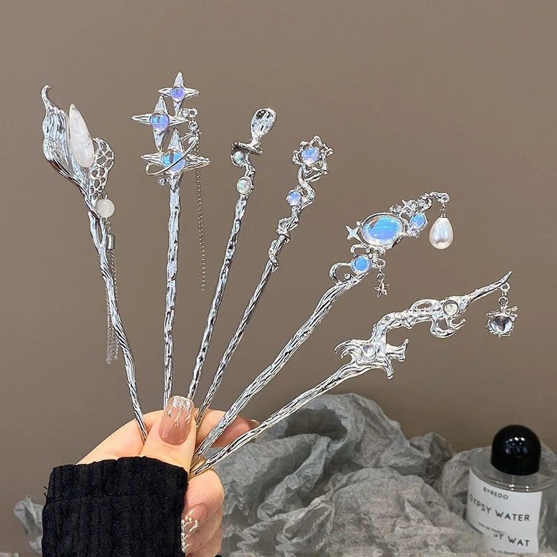 6pcs Chinese Style Hair Sticks with Moonstone & Accents - Floral Embellishments, Secure Grip for Daily & Party Wear, Elegant Hair Accessories for Women, Chinese Hair Accessories, Romantic Style, Intricate Design