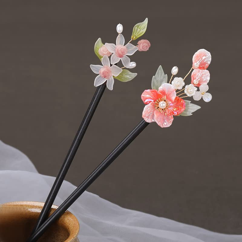 2pcs Handmade Chinese Style Hair Sticks with Floral Tassels - 8.26" Retro Elegant Hairpins for Women's Long Hair, Wedding & Everyday Hair Accessories, Non-Slip Durable Wood & Plastic, Pink/White Flower Decor with Green Leaves, Gift Box Included
