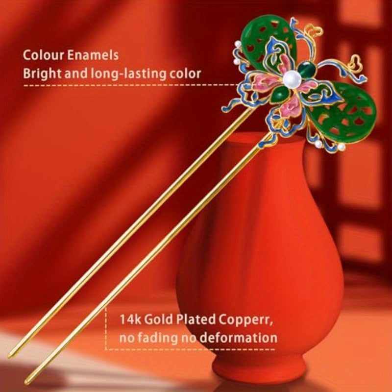 Hair Accessories 14k Gold Plated Copper Vintage Handcrafted Colour Enamels Jade Butterfly UShape Hair Stick And HairClip. Hair Chopsticks for Women, Hair Styling Tools, Bridal Hairpieces, Elegant Hair Clip, Decorative Hairpiece, Handcrafted Jewelry,