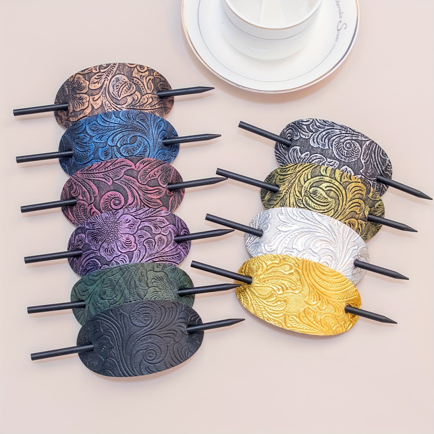 Vintage Style Faux Leather Hair Clips for Women - Elegant Oval Hairpins with Intricate Patterns, Perfect for Weddings & Bridal Showers, Hair Accessories