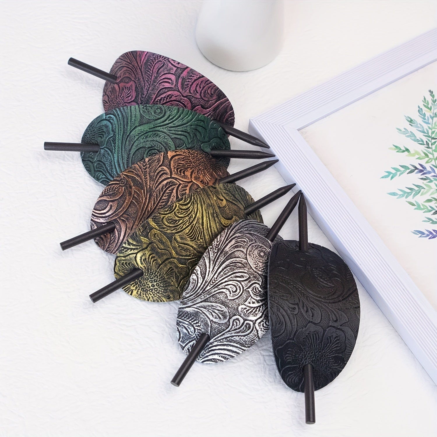 Vintage Style Faux Leather Hair Clips for Women - Elegant Oval Hairpins with Intricate Patterns, Perfect for Weddings & Bridal Showers, Hair Accessories